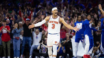 May 2, 2024; Philadelphia, Pennsylvania, USA; New York Knicks guard Josh Hart (3) reacts to a