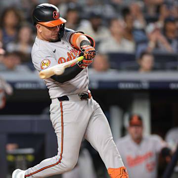 Jun 18, 2024; Bronx, New York, USA; Baltimore Orioles third baseman Ramon Urias (29) singles during the eighth inning against the New York Yankees at Yankee Stadium. Mandatory Credit: Vincent Carchietta-Imagn Images