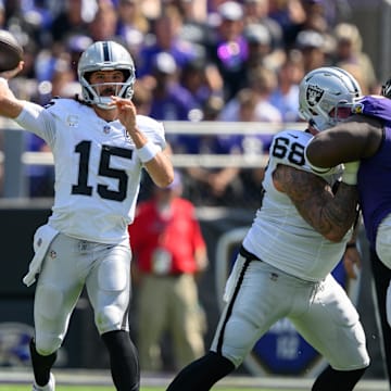 Sep 15, 2024; Baltimore, Maryland, USA; Las Vegas Raiders quarterback Gardner Minshew (15) throws a pass during the first half against the Baltimore Ravens at M&T Bank Stadium. Mandatory Credit: Reggie Hildred-Imagn Images