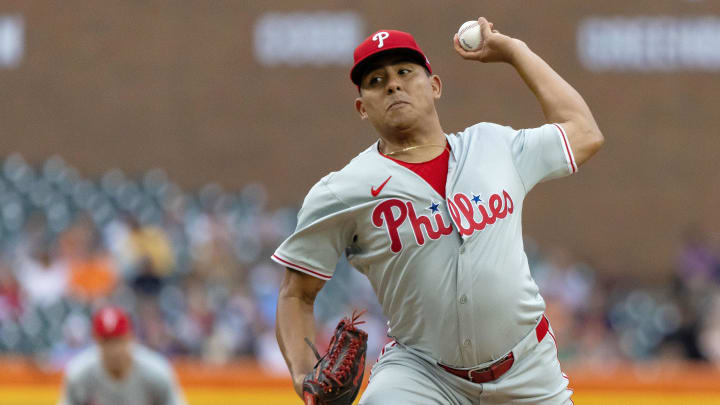Jun 25, 2024; Detroit, Michigan, USA; Philadelphia Phillies starting pitcher Ranger Suarez (55) pitches in the first inning against the Detroit Tigers at Comerica Park. 