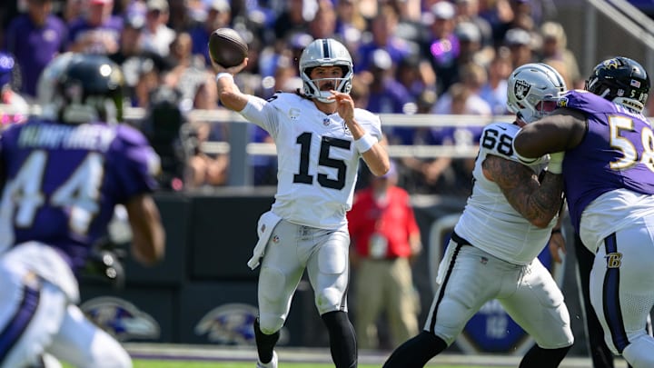 Sep 15, 2024; Baltimore, Maryland, USA; Las Vegas Raiders quarterback Gardner Minshew (15) throws a pass during the first half against the Baltimore Ravens at M&T Bank Stadium. Mandatory Credit: Reggie Hildred-Imagn Images