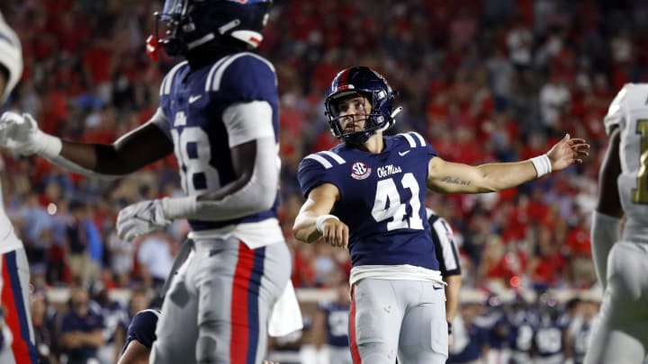 Sep 16, 2023; Oxford, Mississippi, USA; Mississippi Rebels kicker Caden Davis (41) watches as the point after touchdown kick is good during the second half against the Georgia Tech Yellow Jackets at Vaught-Hemingway Stadium. Mandatory Credit: Petre Thomas-USA TODAY Sports