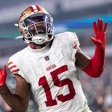 Dec 3, 2023; Philadelphia, Pennsylvania, USA; San Francisco 49ers wide receiver Jauan Jennings (15) reacts after scoring a touchdown against the Philadelphia Eagles during the fourth quarter at Lincoln Financial Field. Mandatory Credit: Bill Streicher-Imagn Images