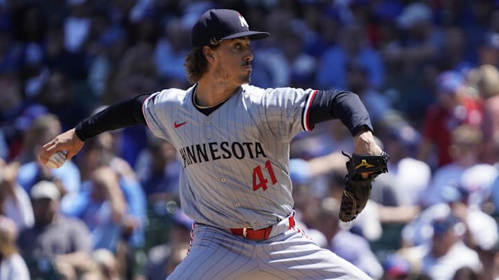 Aug 7, 2024; Chicago, Illinois, USA; Minnesota Twins pitcher Joe Ryan (41) throws against the Chicago Cubs during the first inning at Wrigley Field.