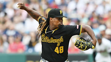 Aug 31, 2024; Cleveland, Ohio, USA; Pittsburgh Pirates relief pitcher Luis Ortiz (48) throws a pitch during the first inning against the Cleveland Guardians at Progressive Field.