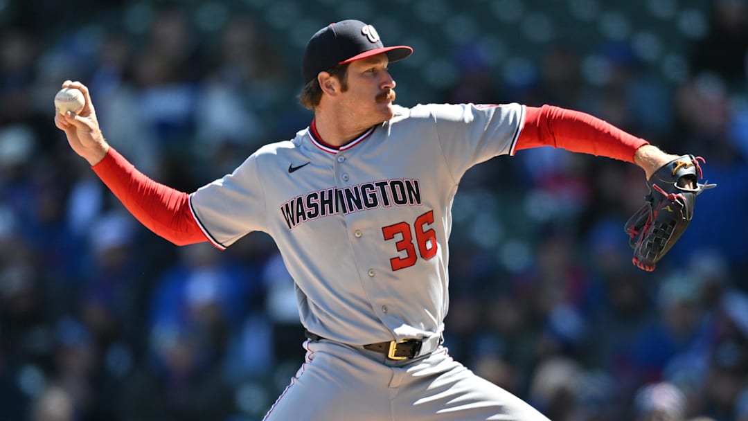 Mar 28, 2026; Chicago, Illinois, USA; Washington Nationals pitcher Miles Mikolas (36) pitches against the Chicago Cubs during the first inning at Wrigley Field. Mandatory Credit: Patrick Gorski-Imagn Images