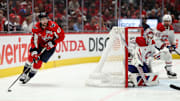 Apr 21, 2025; Washington, District of Columbia, USA; Washington Capitals right wing Tom Wilson (43) skates with the puck behind Montreal Canadiens goaltender Sam Montembeault (35) in the third period in game one of the first round of the 2025 Stanley Cup Playoffs at Capital One Arena. Mandatory Credit: Geoff Burke-Imagn Images