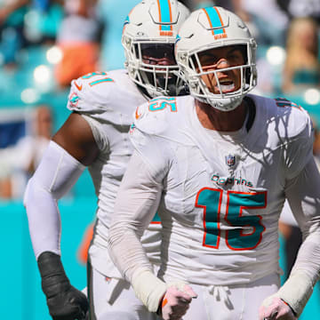 Miami Dolphins linebacker Jaelan Phillips (15) celebrates after sacking Jacksonville Jaguars quarterback Trevor Lawrence (not pictured) during the fourth quarter at Hard Rock Stadium in the 2024 season opener.