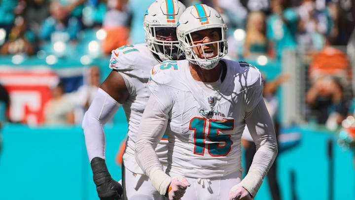 Miami Dolphins linebacker Jaelan Phillips (15) celebrates after sacking Jacksonville Jaguars quarterback Trevor Lawrence (not pictured) during the fourth quarter at Hard Rock Stadium in the 2024 season opener.