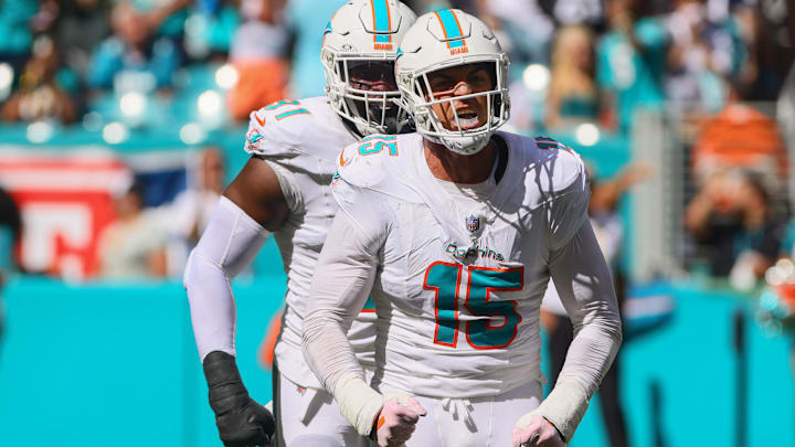 Miami Dolphins linebacker Jaelan Phillips (15) celebrates after sacking Jacksonville Jaguars quarterback Trevor Lawrence (not pictured) during the fourth quarter at Hard Rock Stadium. 