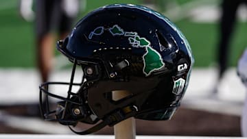 Nov 18, 2023; Laramie, Wyoming, USA; A general view of a Hawaii Rainbow Warriors helmet.