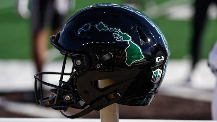 Nov 18, 2023; Laramie, Wyoming, USA; A general view of a Hawaii Rainbow Warriors helmet.