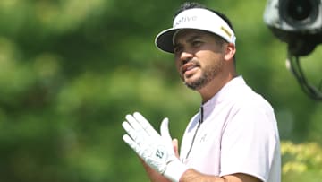 Jun 11, 2025; Oakmont, Pennsylvania, USA; Jason Day reacts on the first tee during a practice round for the U.S. Open golf tournament at Oakmont Country Club. Mandatory Credit: Charles LeClaire-Imagn Images