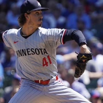 Aug 7, 2024; Chicago, Illinois, USA; Minnesota Twins pitcher Joe Ryan (41) throws against the Chicago Cubs during the first inning at Wrigley Field. Mandatory Credit: David Banks-USA TODAY Sports