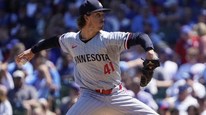 Aug 7, 2024; Chicago, Illinois, USA; Minnesota Twins pitcher Joe Ryan (41) throws against the Chicago Cubs during the first inning at Wrigley Field. Mandatory Credit: David Banks-USA TODAY Sports