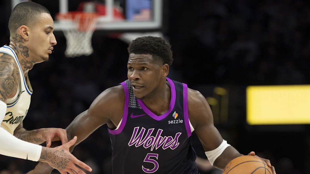 Dec 21, 2025; Minneapolis, Minnesota, USA; Minnesota Timberwolves guard Anthony Edwards (5) dribbles the ball against the Milwaukee Bucks in the second half at Target Center. Mandatory Credit: Jesse Johnson-Imagn Images