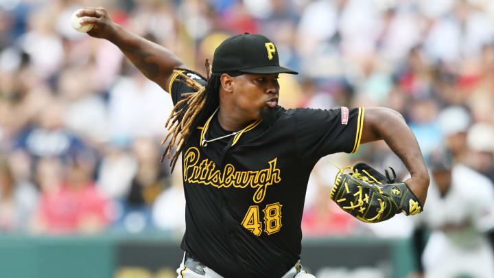 Pittsburgh Pirates relief pitcher Luis Ortiz (48) throws a pitch during the first inning against the Cleveland Guardians at Progressive Field. 