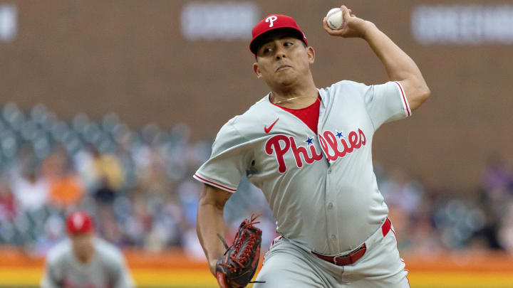 Jun 25, 2024; Detroit, Michigan, USA; Philadelphia Phillies starting pitcher Ranger Suarez (55) pitches in the first inning against the Detroit Tigers at Comerica Park.