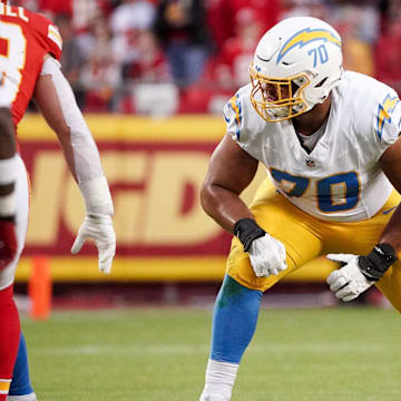 Oct 12, 2023; Kansas City, Missouri, USA; Los Angeles Chargers offensive tackle Rashawn Slater (70) lines up against the Kansas City Chiefs during the game at GEHA Field at Arrowhead Stadium. Mandatory Credit: Denny Medley-Imagn Images