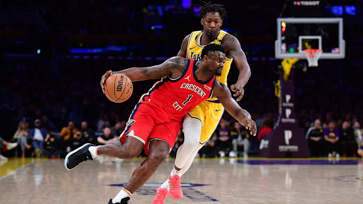 Mar 4, 2025; Los Angeles, California, USA: New Orleans Pelicans forward Zion Williamson (1) moves to the basket against Los Angeles Lakers forward Dorian Finney-Smith (17) during the second half at Crypto.com Arena. Mandatory Credit: Gary A. Vasquez-Imagn Images Mar 4, 2025; Los Angeles, California, USA: New Orleans Pelicans forward Zion Williamson (1) moves to the basket against Los Angeles Lakers forward Dorian Finney-Smith (17) during the second half at Crypto.com Arena. Mandatory Credit: Gary A. Vasquez-Imagn Images
