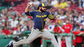 May 24, 2024; Boston, Massachusetts, USA; Milwaukee Brewers pitcher Bryse Wilson (46) delivers a pitch against the Boston Red Sox during the first inning at Fenway Park. Mandatory Credit: Gregory Fisher-Imagn Images