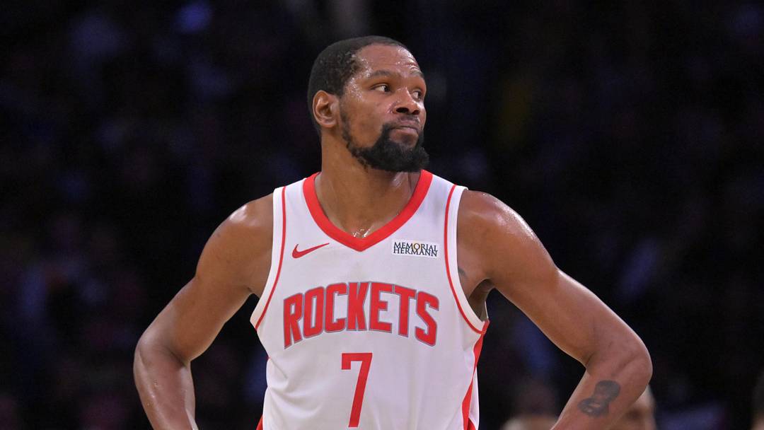 Apr 21, 2026; Los Angeles, California, USA; Houston Rockets forward Kevin Durant (7) looks on from the court in the second half of game two of the first round of the 2026 NBA Playoffs against the Los Angeles Lakers at Crypto.com Arena. Mandatory Credit: Jayne Kamin-Oncea-Imagn Images