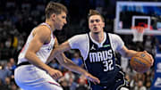 Nov 14, 2025; Dallas, Texas, USA; Dallas Mavericks forward Cooper Flagg (32) drives to the basket past LA Clippers guard Bogdan Bogdanovic (10) during an NBA Cup game between the Mavericks and the Clippers at the American Airlines Center. Mandatory Credit: Jerome Miron-Imagn Images