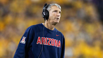 Nov 28, 2025; Tempe, Arizona, USA; Arizona Wildcats head coach Brent Brennan against the Arizona State Sun Devils during the 99th Territorial Cup at Mountain America Stadium. Mandatory Credit: Mark J. Rebilas-Imagn Images