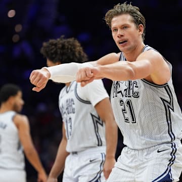 Orlando Magic forward Moritz Wagner (21) reacts against the Philadelphia 76ers in the fourth quarter at Wells Fargo Center. 