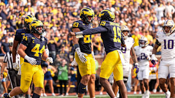 Michigan tight end Zack Marshall (83) celebrates a touchdown against Washington with quarterback Bryce Underwood (19) during the second half at Michigan Stadium in Ann Arbor on Saturday, Oct. 18, 2025.