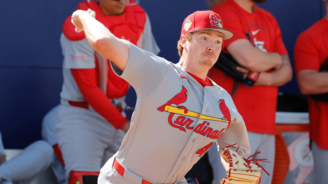 Feb 16, 2026; Jupiter, FL, USA;  St. Louis Cardinals pitcher Hunter Dobbins (40) throws a pitch during spring training workouts at Roger Dean Stadium. Mandatory Credit: Reinhold Matay-Imagn Images