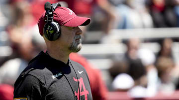 Alabama offensive coordinator Ryan Grubb watches his offense work during A-Day