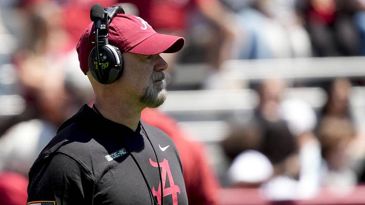 Alabama offensive coordinator Ryan Grubb watches his offense work during A-Day