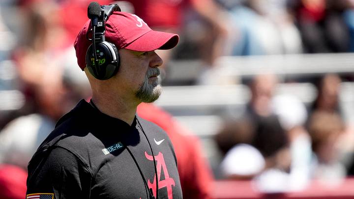 Apr 12, 2025; Tuscaloosa, AL, USA;  Alabama offensive coordinator Ryan Grubb  watches his offense work during A-Day at Bryant-Denny Stadium. Mandatory Credit: Gary Cosby Jr.-Imagn Images