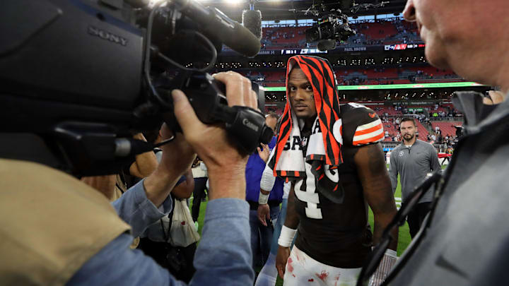 Cleveland Browns quarterback Deshaun Watson (4) hangs his head as he walks off the field after an NFL football game at Huntington Bank Field, Sunday, Sept. 8, 2024, in Cleveland, Ohio.