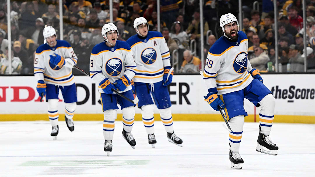 Apr 23, 2026; Boston, Massachusetts, USA; Buffalo Sabres right wing Alex Tuch (89) reacts after scoring a goal against the Boston Bruins during the third period of game three of the first round of the 2026 Stanley Cup Playoffs at the TD Garden. Mandatory Credit: Brian Fluharty-Imagn Images