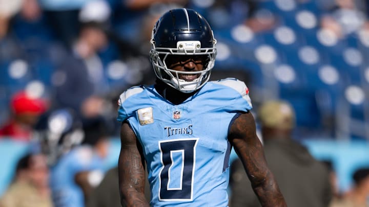 Nov 16, 2025; Nashville, Tennessee, USA;  Tennessee Titans wide receiver Calvin Ridley (0) against the Houston Texans during pre-game warmups at Nissan Stadium. Mandatory Credit: Steve Roberts-Imagn Images