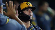 Jul 6, 2025; Miami, Florida, USA; Milwaukee Brewers right fielder Sal Frelick (10) celebrates scoring a run against the Miami Marlins in the seventh inning at loanDepot Park. Mandatory Credit: Jim Rassol-Imagn Images