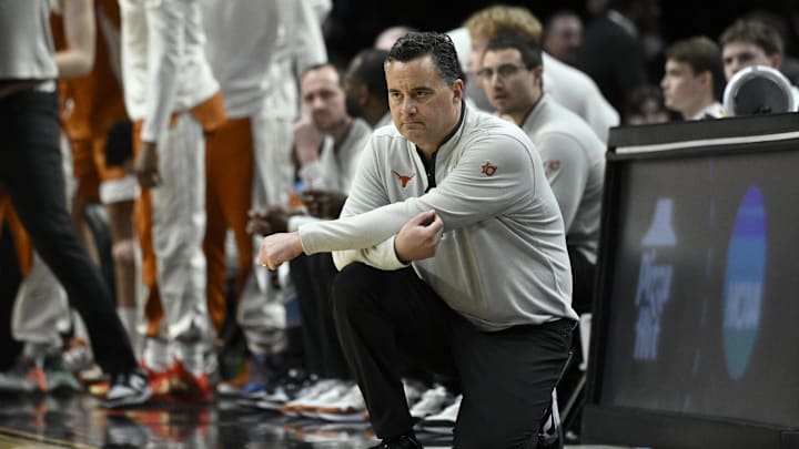 Mar 19, 2026; Portland, OR, USA; Texas Longhorns head coach Sean Miller in the first half against the BYU Cougars during a first round game of the men's 2026 NCAA Tournament at Moda Center. Mandatory Credit: Troy Wayrynen-Imagn Images