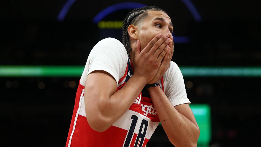 Nov 8, 2024; Memphis, Tennessee, USA; Washington Wizards forward Kyshawn George (18) reacts during the second half against the Memphis Grizzlies at FedExForum. Mandatory Credit: Petre Thomas-Imagn Images