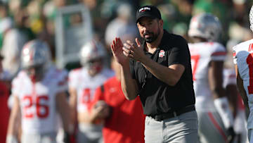 Head coach Ryan Day of the Ohio State Buckeyes reacts during warm ups prior to the game against the Oregon Ducks during the Rose Bowl Game Presented by Prudential at Rose Bowl Stadium on January 01, 2025 in Pasadena, California.