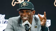 Jul 9, 2025; Frisco, TX, USA; Colorado head coach Deion Sanders speaks with the media during 2025 Big 12 Football Media Days at The Star. Mandatory Credit: Raymond Carlin III-Imagn Images