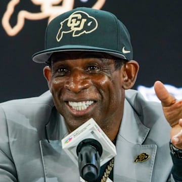 Jul 9, 2025; Frisco, TX, USA; Colorado head coach Deion Sanders speaks with the media during 2025 Big 12 Football Media Days at The Star. Mandatory Credit: Raymond Carlin III-Imagn Images