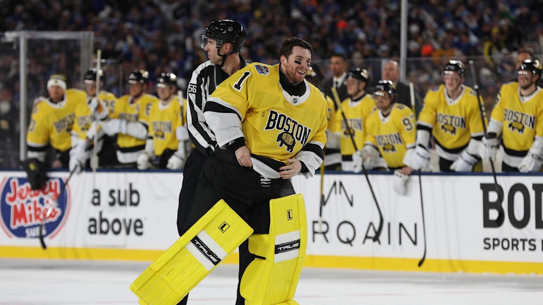 Feb 1, 2026; Tampa Bay, Florida, USA; Boston Bruins goaltender Jeremy Swayman (1) skates back up ice after fight with Tampa Bay Lightning goaltender Andrei Vasilevskiy during the second period in the 2026 Stadium Series ice hockey game at Raymond James Stadium. Mandatory Credit: Kim Klement Neitzel-Imagn Images Feb 1, 2026; Tampa Bay, Florida, USA; Boston Bruins goaltender Jeremy Swayman (1) skates back up ice after fight with Tampa Bay Lightning goaltender Andrei Vasilevskiy during the second period in the 2026 Stadium Series ice hockey game at Raymond James Stadium. Mandatory Credit: Kim Klement Neitzel-Imagn Images