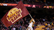 Nov 30, 2015; Minneapolis, MN, USA; Minnesota Gophers mascot Goldy Gopher waves the raise the barn flag before the game between the Minnesota Gophers and Clemson Tigers at Williams Arena. Mandatory Credit: Brad Rempel-Imagn Images