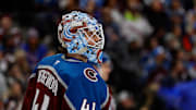 Nov 20, 2025; Denver, Colorado, USA; Colorado Avalanche goaltender Scott Wedgewood (41) in the first period against the New York Rangers at Ball Arena. Mandatory Credit: Isaiah J. Downing-Imagn Images