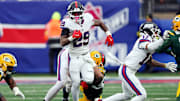 Nov 16, 2025; East Rutherford, New Jersey, USA; New York Giants running back Tyrone Tracy Jr. (29) runs the ball during the third quarter against the New York Giants at MetLife Stadium.  