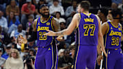 Los Angeles Lakers forward LeBron James and guard Luka Doncic on March 29, 2025.