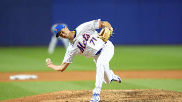 Aug 17, 2025; Williamsport, Pennsylvania, USA; New York Mets relief pitcher Tyler Rogers (71) throws a pitch against the Seattle Mariners in the ninth inning at Journey Bank Ballpark at Historic Bowman Field. Mandatory Credit: Kyle Ross-Imagn Images