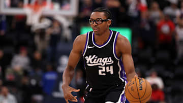 Oct 17, 2024; Inglewood, California, USA;  Sacramento Kings forward Isaiah Crawford (24) dribbles the ball during the third quarter of NBA preseason game against the Los Angeles Clippers at Intuit Dome. Mandatory Credit: Kiyoshi Mio-Imagn Images